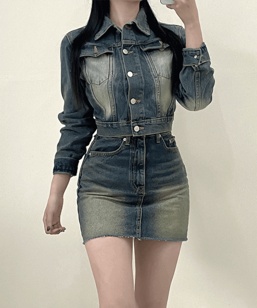 j_blin-다소 데님 워싱 투피스(자켓+스커트 별도구매)♡韓國女裝套裝
