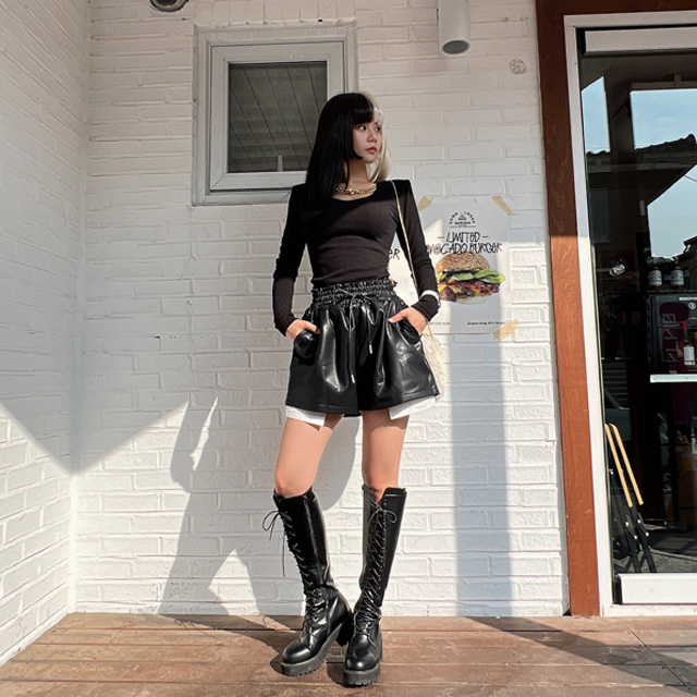 iampretty-배색 포켓포인트 레더숏팬츠♡韓國女裝褲