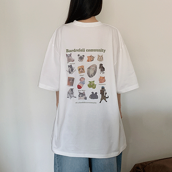 bonzishop - [남녀공용,오버핏,통통,귀여운] 뽀잉 냥이들 박시핏 반팔 티셔츠 - t [무료배송]♡韓國女裝上衣