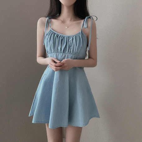 lovensome - [큐트러블리!/바캉스]  비타 셔링 플레어 나시 데님 미니원피스 3color♡韓國女裝連身裙