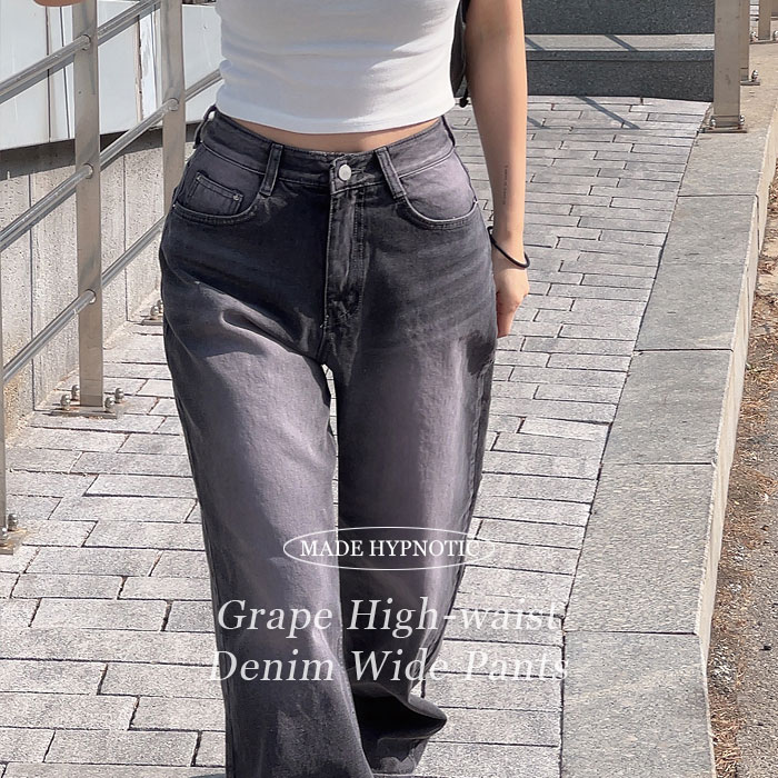 hypnotic - [MADE:자체제작]그레이프 워싱 하이웨스트 데님 와이드팬츠♡韓國女裝褲